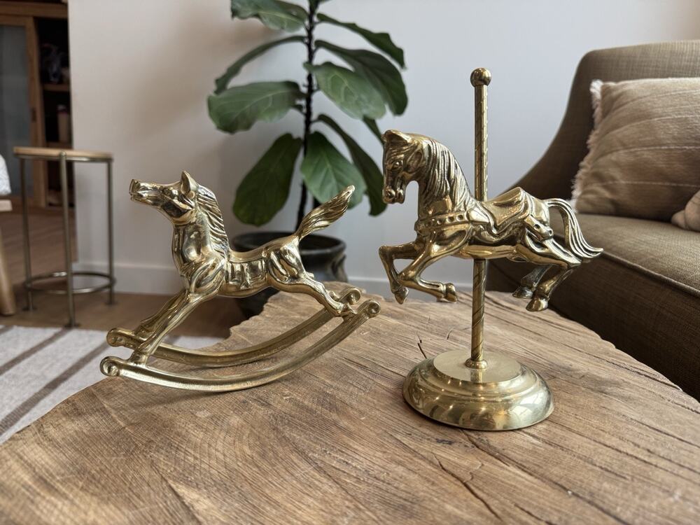 Vintage Solid Brass Rocking Horse Carousel Set Of 2 Taiwan Nursery Equestrian